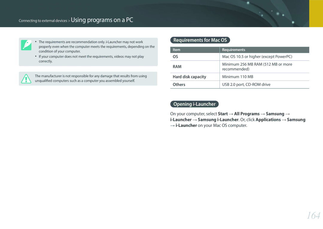 Samsung NX300 164, Requirements for Mac OS, Opening i-Launcher, → i-Launcheron your Mac OS computer, Hard disk capacity 