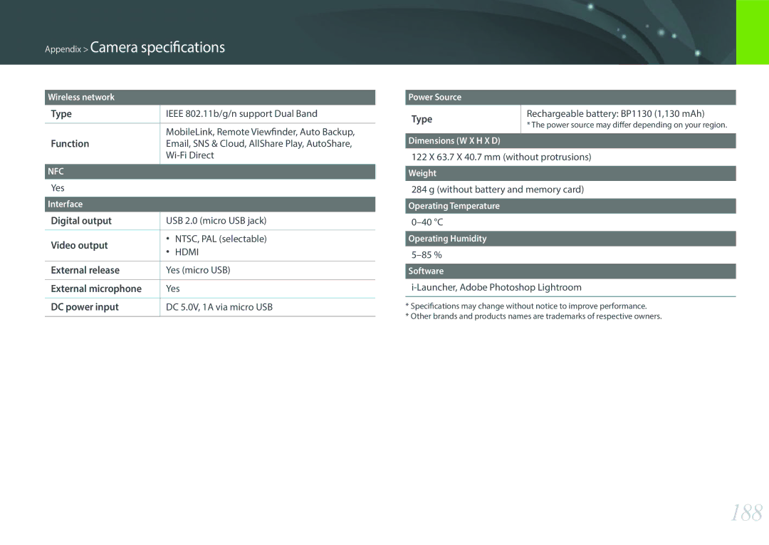 Samsung NX300 (20-50mm) White, EV-NX300ZBSVUS, EV-NX300ZBSTUS, EV-NX300ZBQUUS user manual 188 