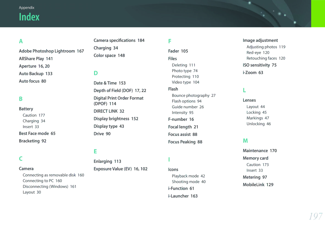 Samsung EV-NX300ZBQUUS, EV-NX300ZBSVUS, EV-NX300ZBSTUS user manual Index, 197, Adobe Photoshop Lightroom 167 AllShare Play 