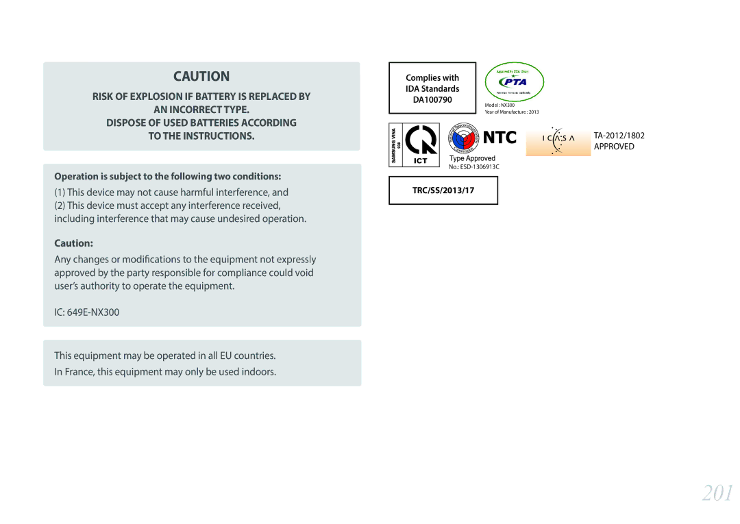 Samsung EV-NX300ZBSTUS, EV-NX300ZBSVUS, EV-NX300ZBQUUS user manual 201, This device may not cause harmful interference 