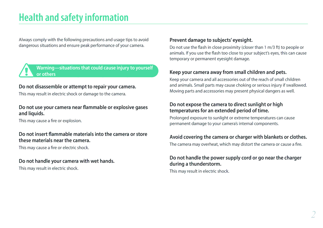 Samsung EV-NX300ZBQUUS, EV-NX300ZBSVUS Health and safety information, Do not disassemble or attempt to repair your camera 