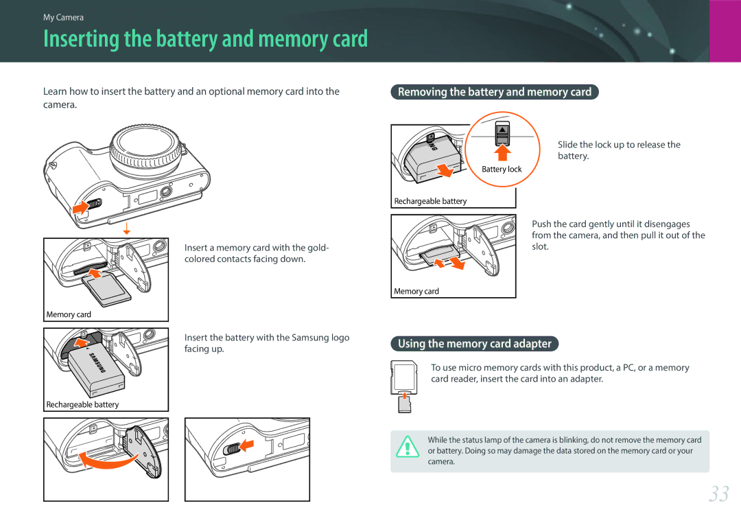 Samsung NX300 (20-50mm) White, EV-NX300ZBSVUS Inserting the battery and memory card, Using the memory card adapter, Camera 