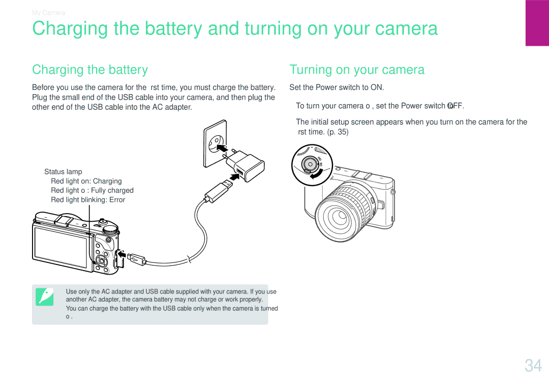 Samsung NX300 user manual Charging the battery and turning on your camera, Turning on your camera, Red light blinking Error 