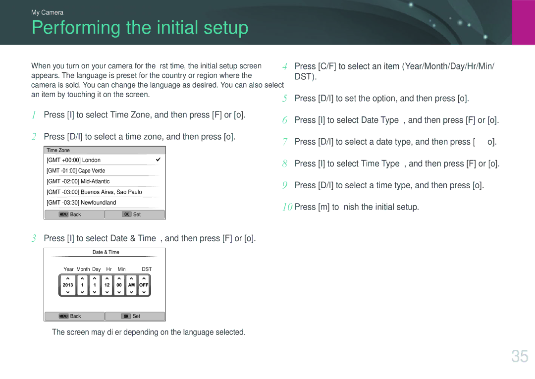 Samsung EV-NX300ZBSVUS, EV-NX300ZBSTUS Performing the initial setup, Press I to select Date & Time, and then press F or o 