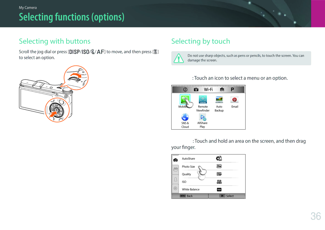 Samsung EV-NX300ZBSTUS, EV-NX300ZBSVUS user manual Selecting functions options, Selecting with buttons, Selecting by touch 