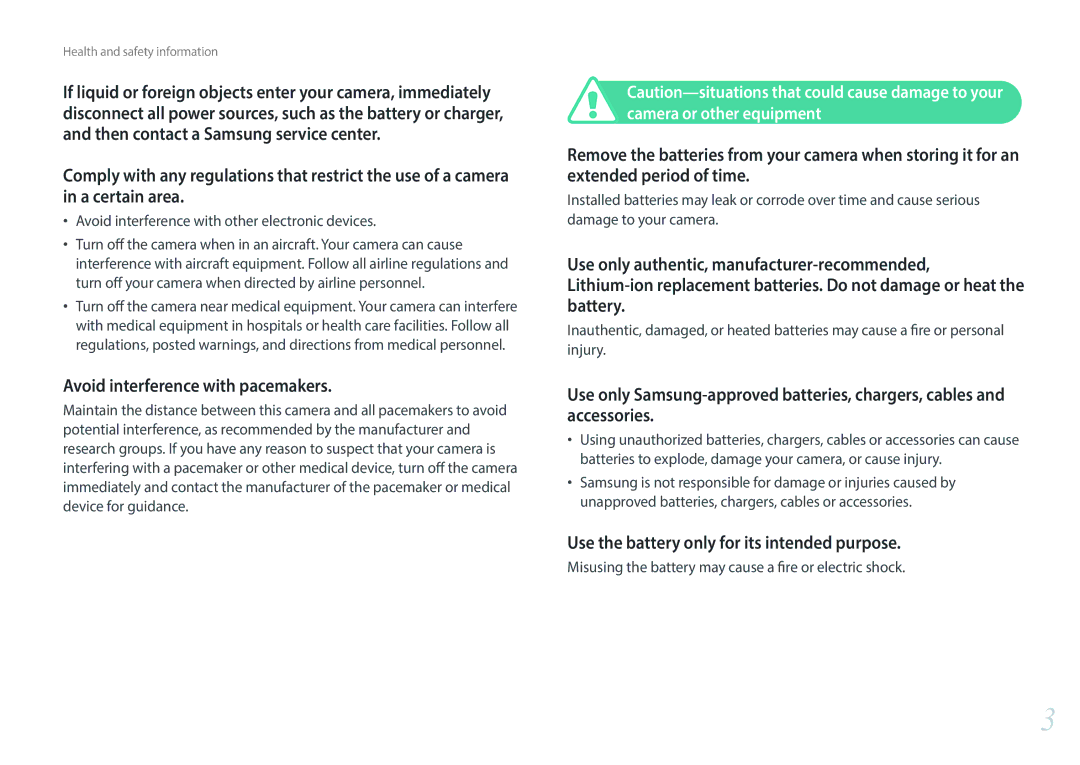 Samsung NX300 (20-50mm) White user manual Avoid interference with pacemakers, Use the battery only for its intended purpose 