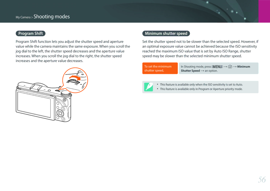 Samsung EV-NX300ZBSTUS, EV-NX300ZBSVUS, EV-NX300ZBQUUS, NX300 (20-50mm) White user manual Program Shift, Minimum shutter speed 