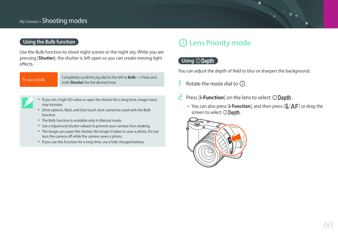 Samsung EV-NX300ZBSVUS, EV-NX300ZBSTUS, EV-NX300ZBQUUS user manual Lens Priority mode, Using the Bulb function, Using E 