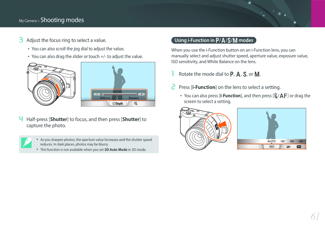 Samsung EV-NX300ZBSTUS, EV-NX300ZBSVUS Adjust the focus ring to select a value, Using i-Function in P/A/S/M modes 