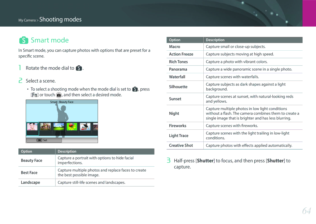 Samsung EV-NX300ZBSVUS, EV-NX300ZBSTUS, EV-NX300ZBQUUS user manual Smart mode, Rotate the mode dial to s Select a scene 