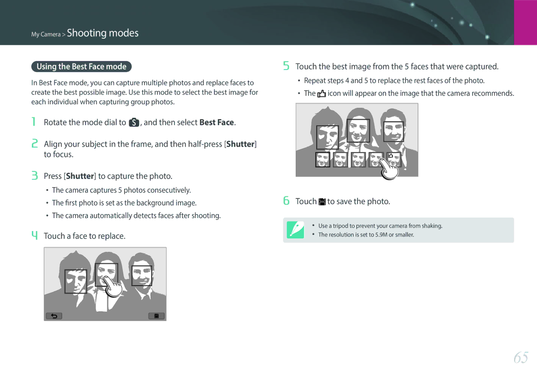 Samsung EV-NX300ZBSVUS, EV-NX300ZBSTUS, EV-NX300ZBQUUS user manual Using the Best Face mode, Touch to save the photo 