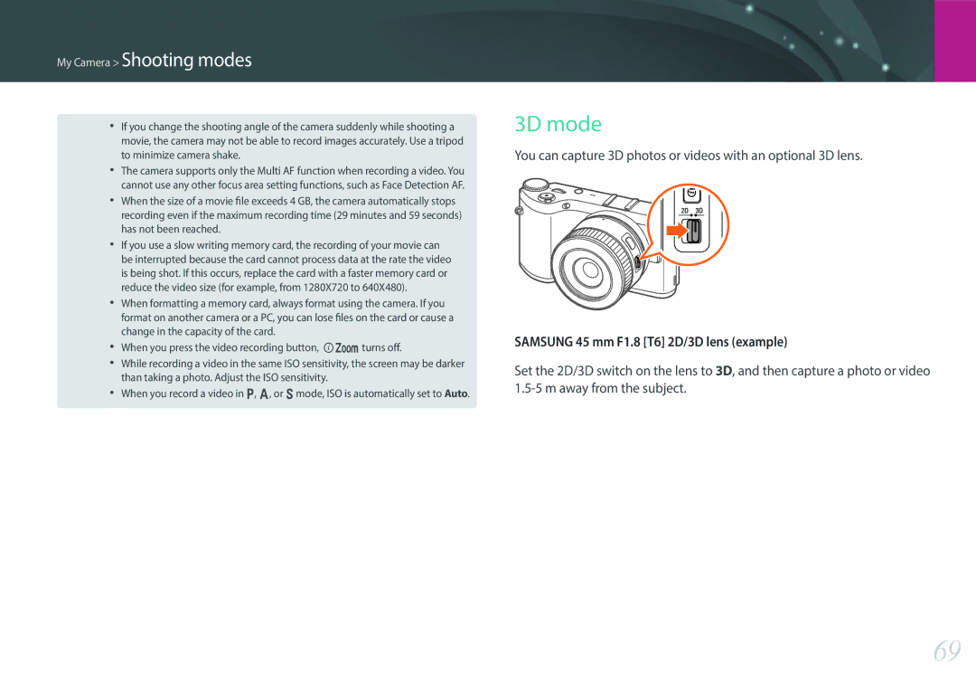 Samsung EV-NX300ZBSVUS, EV-NX300ZBSTUS user manual 3D mode, You can capture 3D photos or videos with an optional 3D lens 