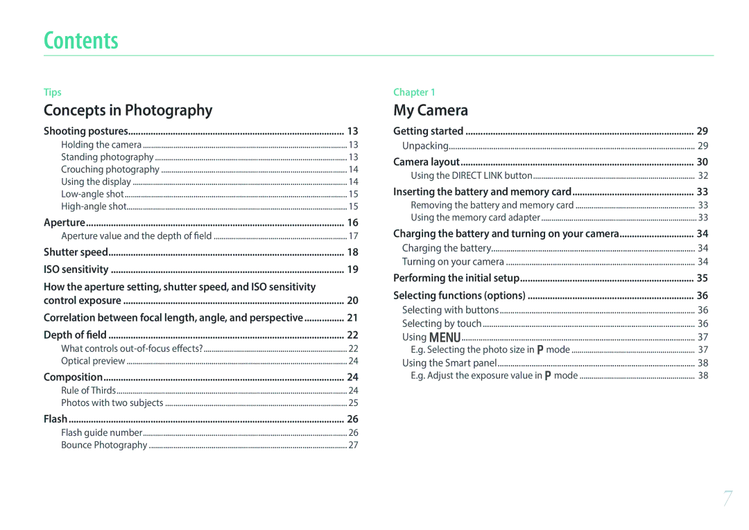 Samsung EV-NX300ZBQUUS, EV-NX300ZBSVUS, EV-NX300ZBSTUS, NX300 (20-50mm) White user manual Contents 