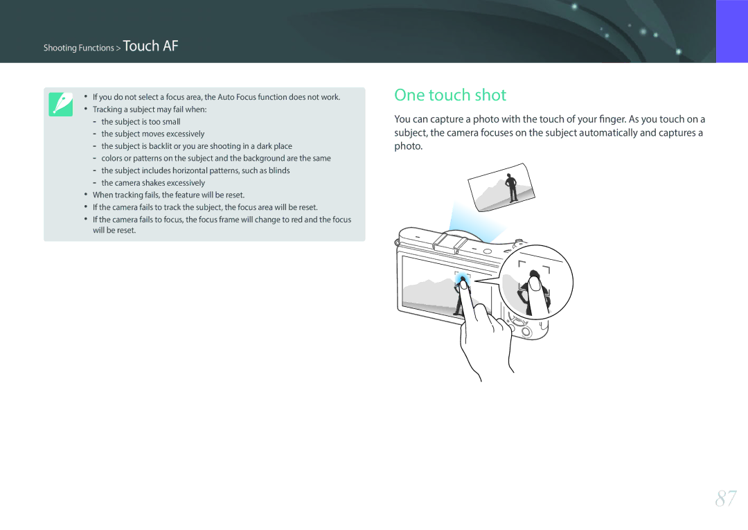 Samsung EV-NX300ZBQUUS, EV-NX300ZBSVUS, EV-NX300ZBSTUS, NX300 (20-50mm) White One touch shot, Shooting Functions Touch AF 