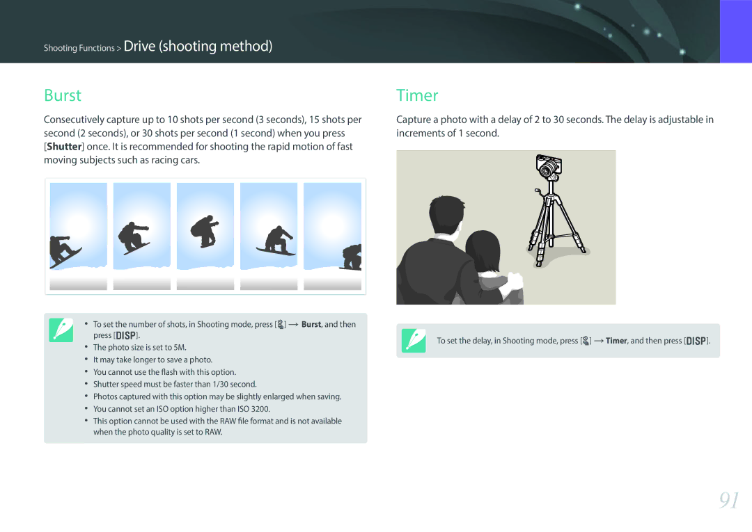 Samsung EV-NX300ZBSTUS, EV-NX300ZBSVUS, EV-NX300ZBQUUS, NX300 (20-50mm) White user manual Burst, Timer 