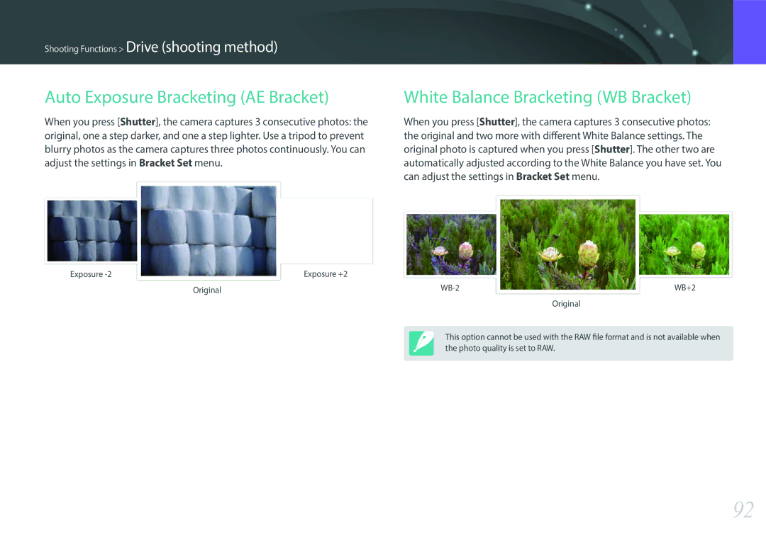 Samsung EV-NX300ZBQUUS, EV-NX300ZBSVUS user manual Auto Exposure Bracketing AE Bracket, White Balance Bracketing WB Bracket 