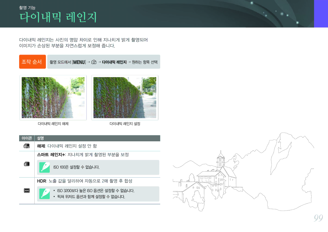 Samsung NX300 manual 해제 다이내믹 레인지 설정 안 함 스마트 레인지+ 지나치게 밝게 촬영된 부분을 보정, HDR 노출 값을 달리하여 자동으로 2매 촬영 후 합성 