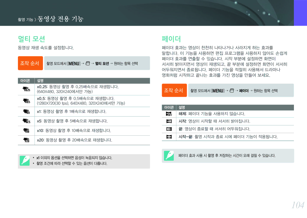 Samsung NX300 manual 104, 멀티 모션, 페이더, 촬영 기능 동영상 전용 기능 
