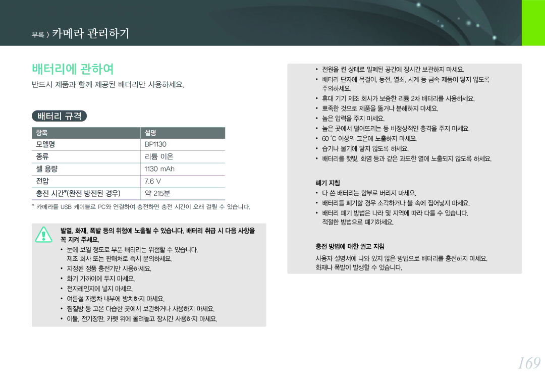 Samsung NX300 manual 169, 배터리에 관하여, 배터리 규격, 반드시 제품과 함께 제공된 배터리만 사용하세요, 모델명 BP1130 리튬 이온 1130 mAh 충전 시간*완전 방전된 경우 215분 