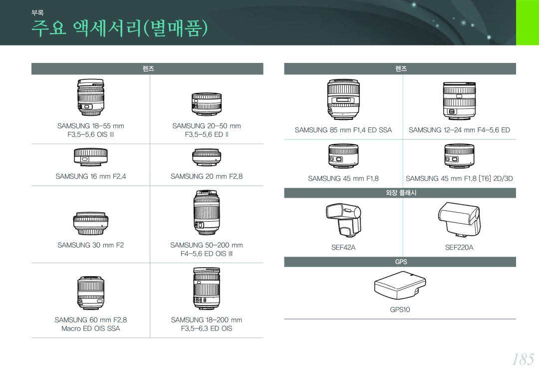 Samsung NX300 manual 주요 액세서리별매품, 185 