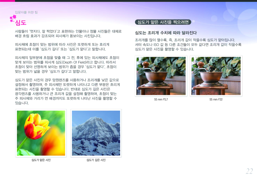 Samsung NX300 manual 심도가 얕은 사진을 찍으려면, 심도는 조리개 수치에 따라 달라진다 