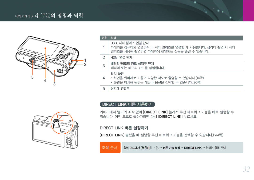 Samsung NX300 manual Direct Link 버튼 사용하기, Direct Link 버튼 설정하기, Direct Link 눌렀을 때 실행할 무선 네트워크 기능을 선택할 수 있습니다.144쪽 