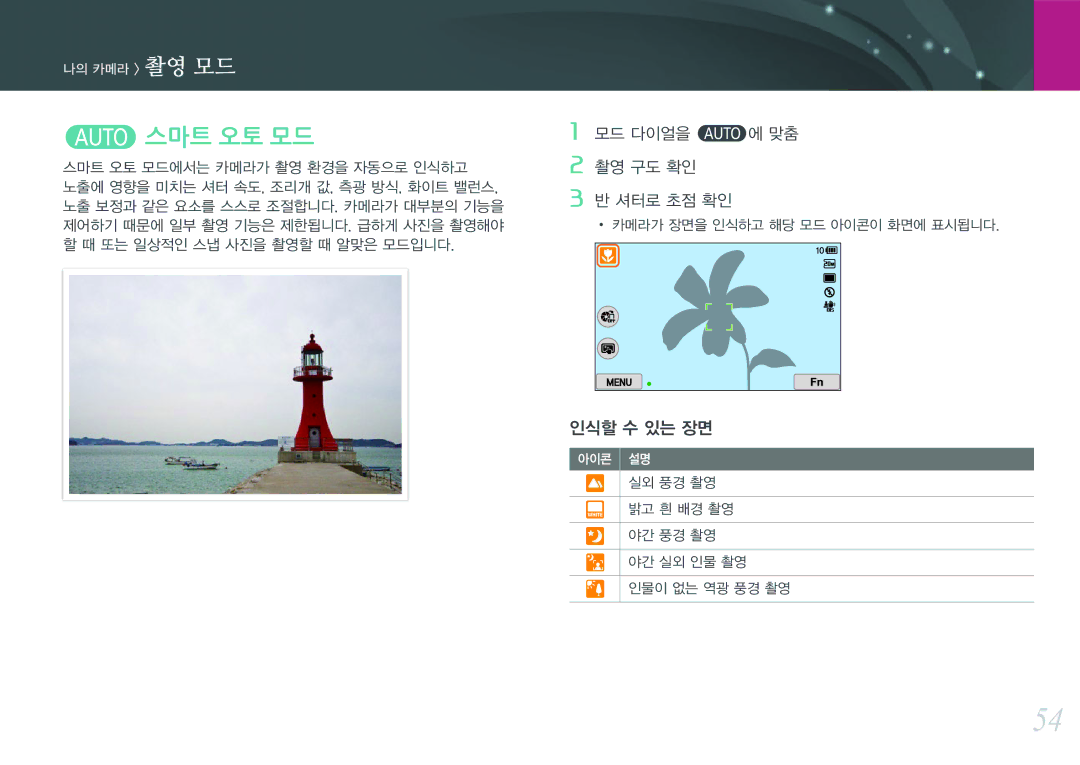 Samsung NX300 manual 스마트 오토 모드, 모드 다이얼을 t에 맞춤 촬영 구도 확인 셔터로 초점 확인, 인식할 수 있는 장면, 카메라가 장면을 인식하고 해당 모드 아이콘이 화면에 표시됩니다 