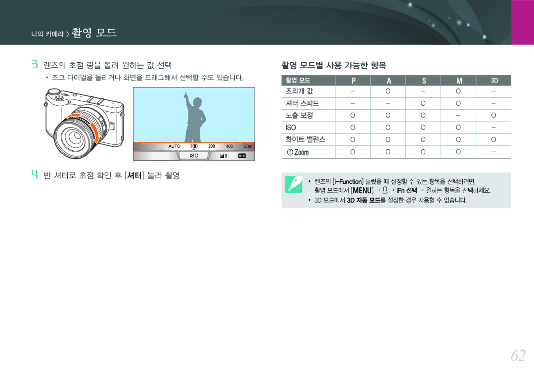 Samsung NX300 manual 셔터로 초점 확인 후 셔터 눌러 촬영 촬영 모드별 사용 가능한 항목, 조그 다이얼을 돌리거나 화면을 드래그해서 선택할 수도 있습니다, 조리개 값 셔터 스피드 노출 보정, 화이트 밸런스 