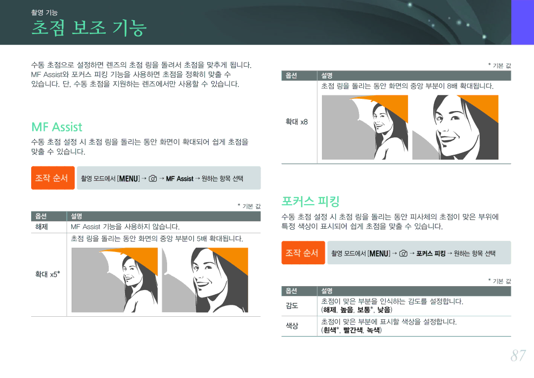 Samsung NX300 manual 초점 보조 기능, MF Assist, 포커스 피킹 
