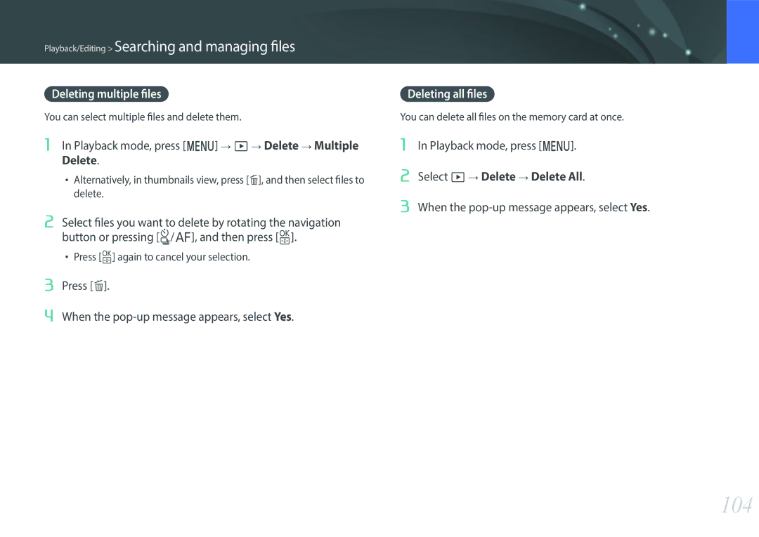 Samsung NX3000 user manual 104, Deleting multiple files, Deleting all files 