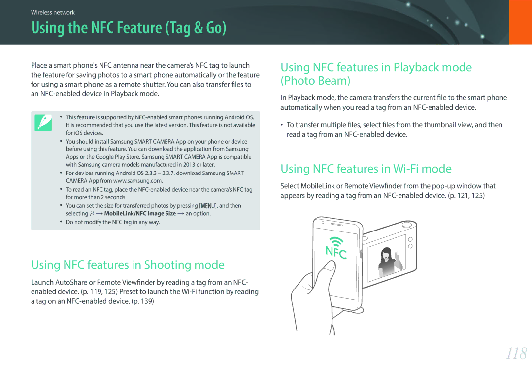 Samsung NX3000 user manual 118, Using NFC features in Shooting mode, Using NFC features in Playback mode Photo Beam 