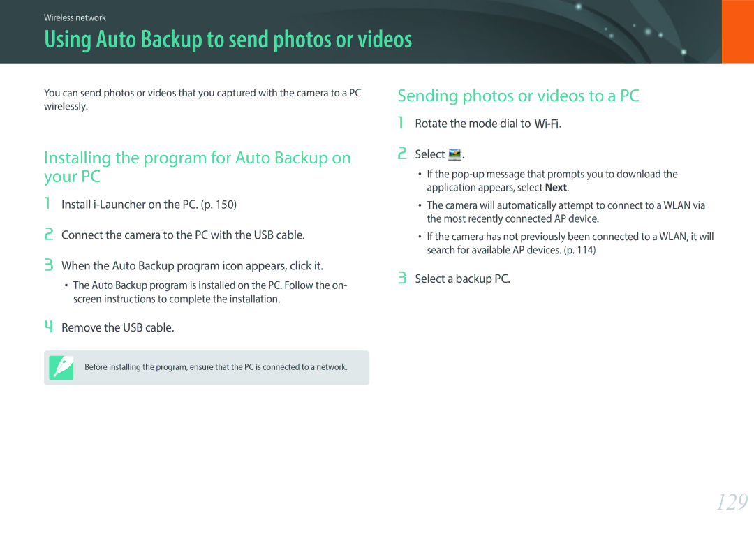 Samsung NX3000 Using Auto Backup to send photos or videos, 129, Installing the program for Auto Backup on your PC 