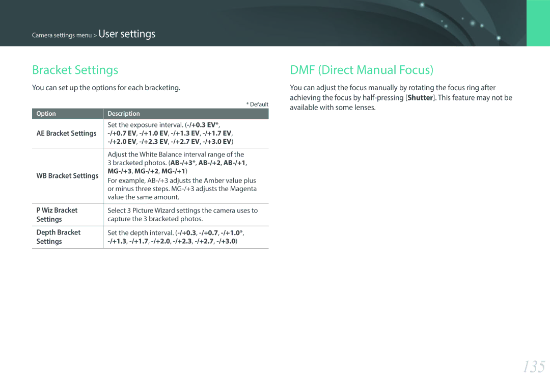 Samsung NX3000 user manual 135, Bracket Settings, DMF Direct Manual Focus, You can set up the options for each bracketing 