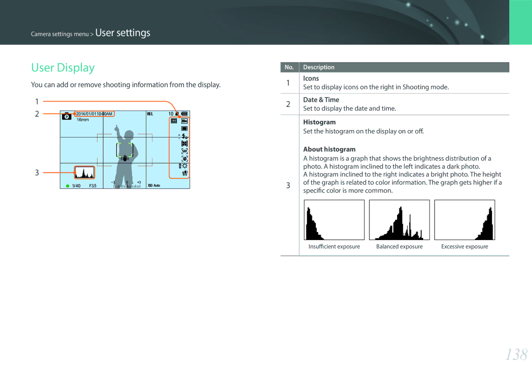 Samsung NX3000 user manual 138, User Display, You can add or remove shooting information from the display 