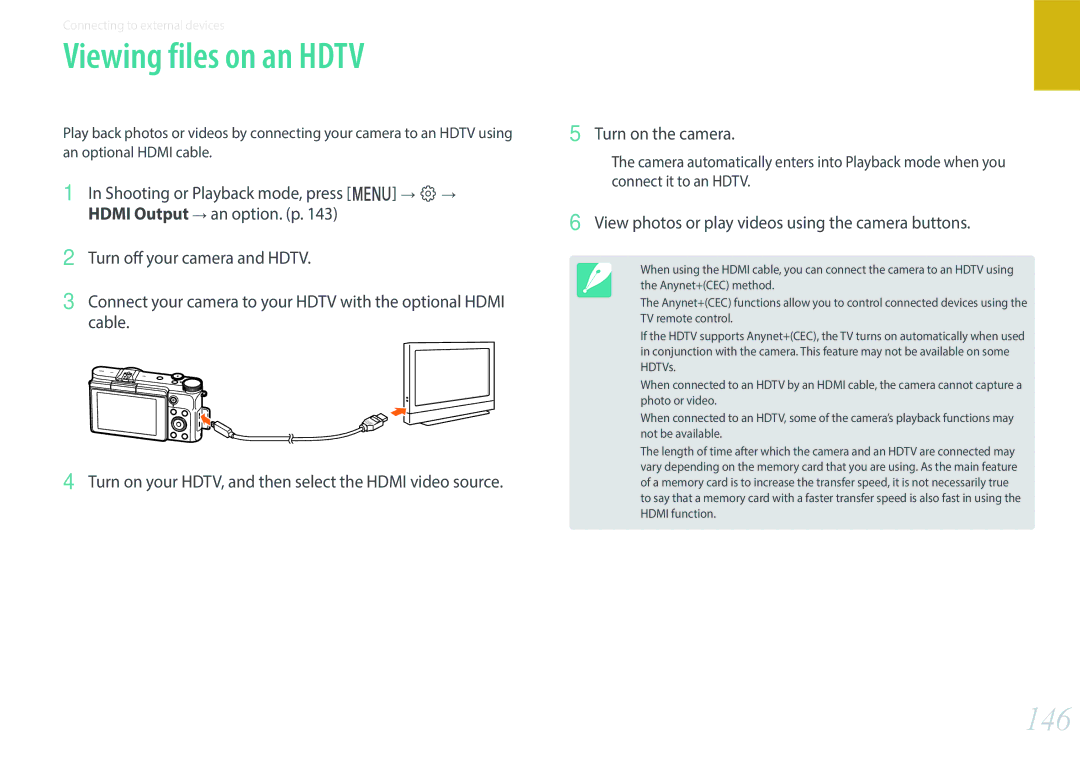 Samsung NX3000 user manual Viewing files on an Hdtv, 146, View photos or play videos using the camera buttons 