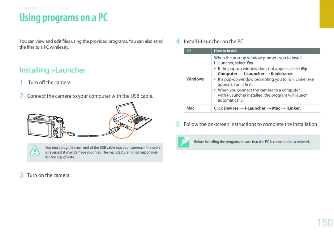 Samsung NX3000 Using programs on a PC, 150, Installing i-Launcher, Turn on the camera Install i-Launcher on the PC 