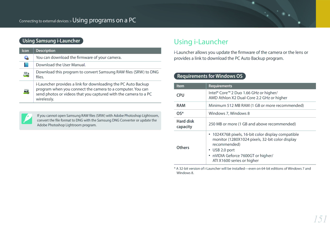 Samsung NX3000 user manual 151, Using Samsung i-Launcher, Requirements for Windows OS 