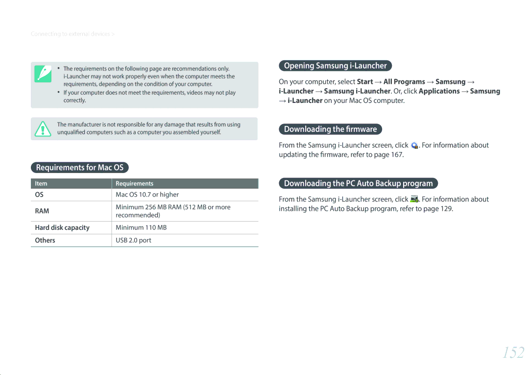 Samsung NX3000 user manual 152, Requirements for Mac OS, Opening Samsung i-Launcher, Downloading the firmware 