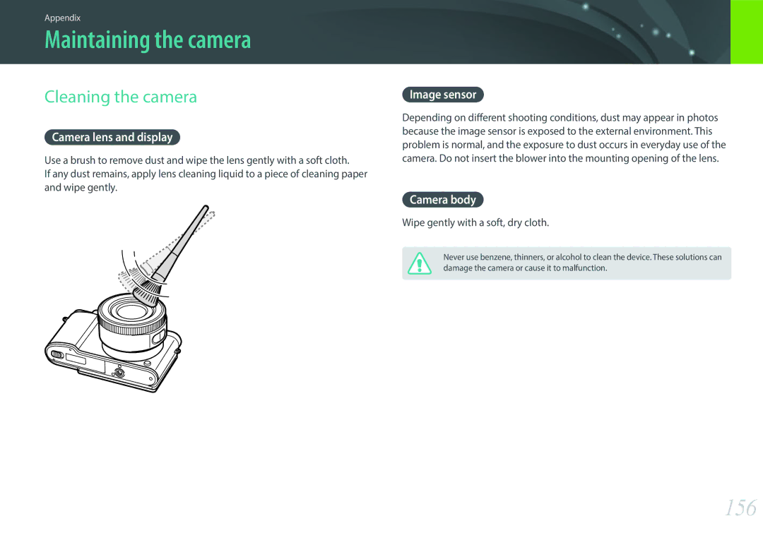 Samsung NX3000 user manual Maintaining the camera, 156, Cleaning the camera 