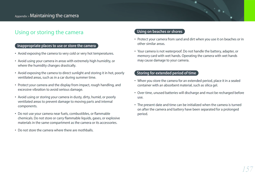 Samsung NX3000 user manual 157, Using or storing the camera, Inappropriate places to use or store the camera 