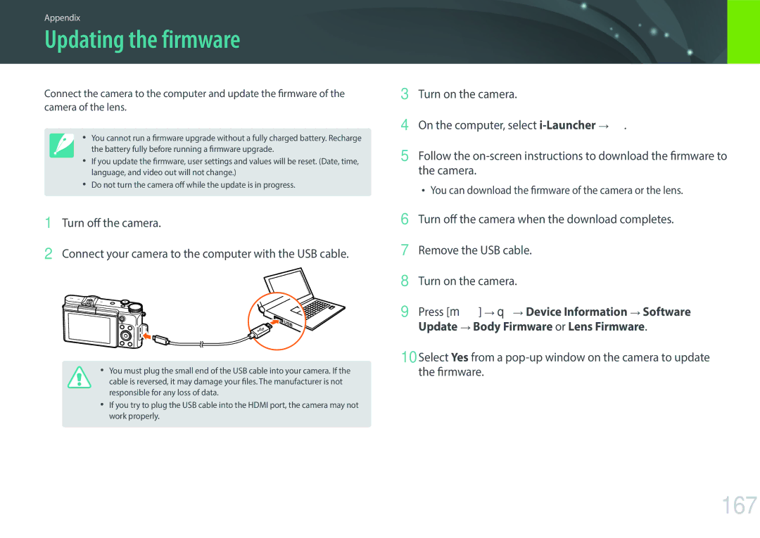 Samsung NX3000 user manual Updating the firmware, 167 