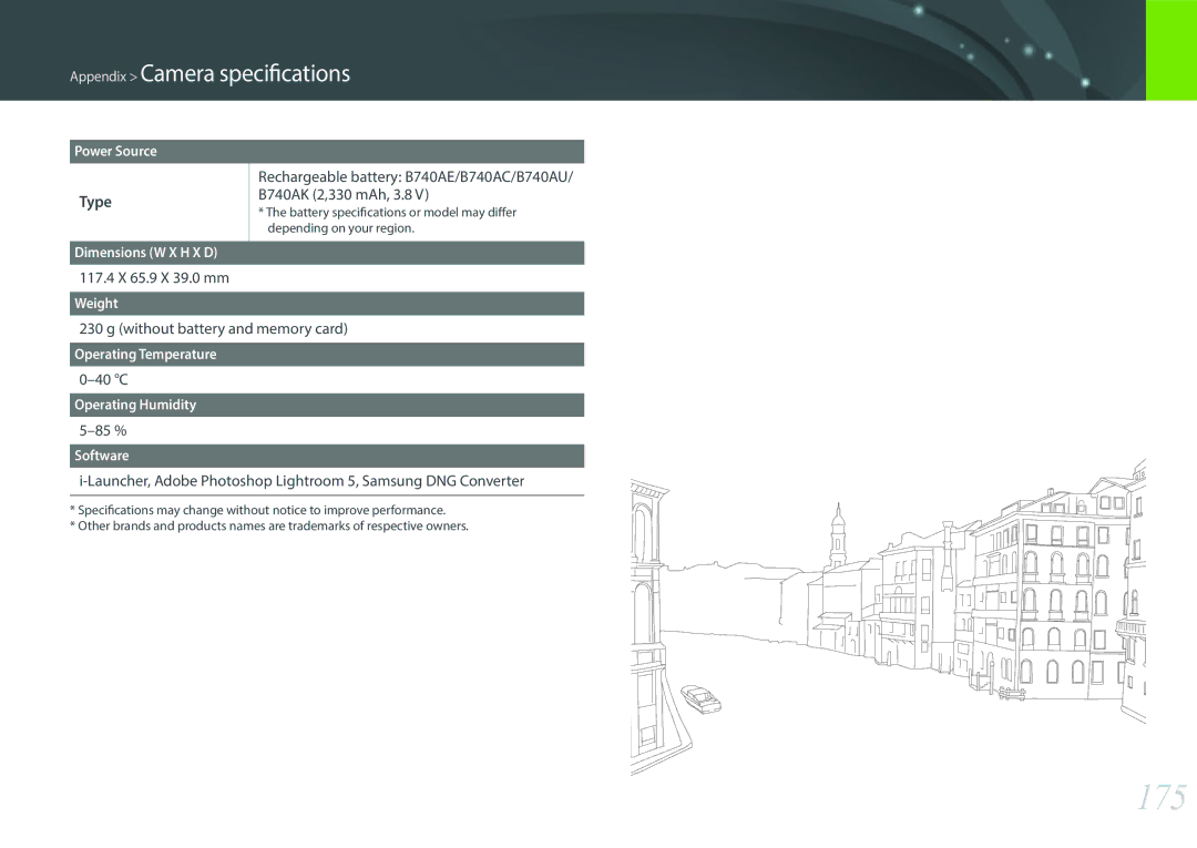 Samsung NX3000 user manual 175, 117.4 X 65.9 X 39.0 mm, Without battery and memory card, 40 C, 85 % 