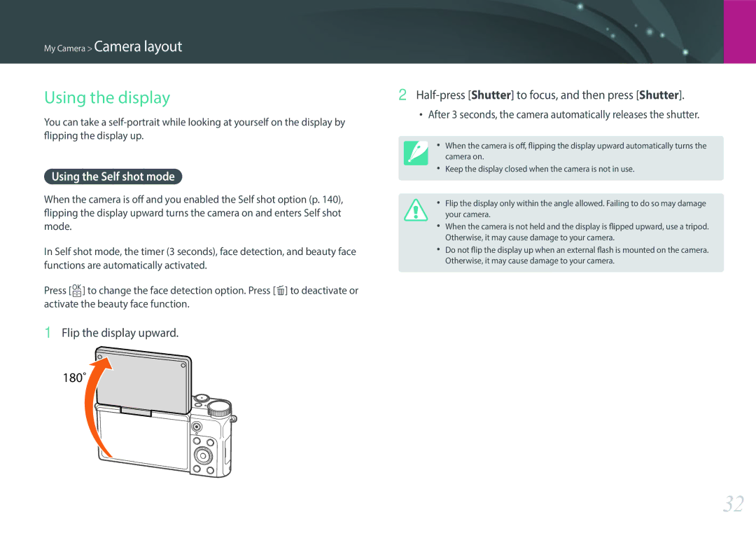 Samsung NX3000 user manual Using the display, Using the Self shot mode, Flip the display upward 