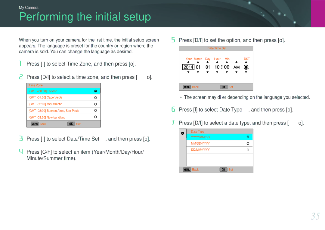 Samsung NX3000 user manual Performing the initial setup 