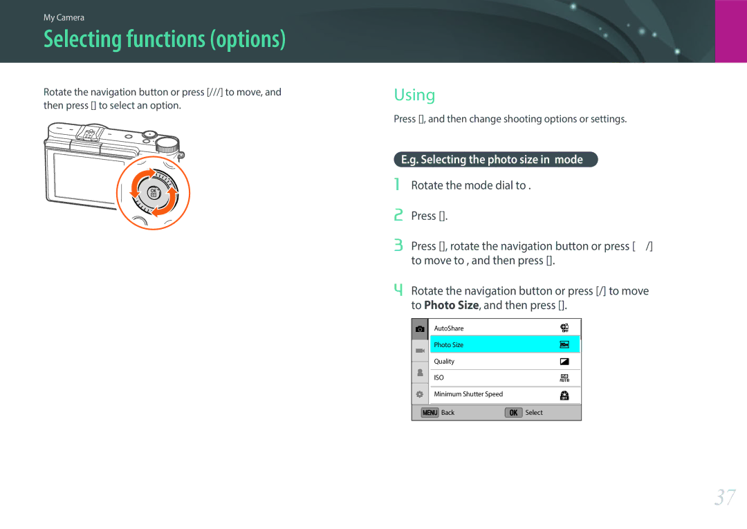 Samsung NX3000 user manual Selecting functions options, Using m, Selecting the photo size in P mode 