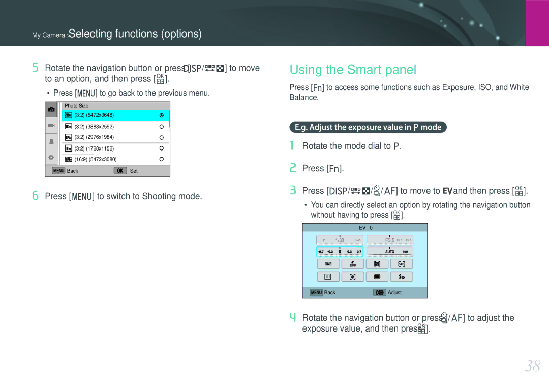 Samsung NX3000 user manual Using the Smart panel, Press m to switch to Shooting mode, Adjust the exposure value in P mode 