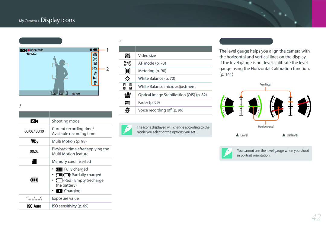 Samsung NX3000 user manual Recording videos, About the level gauge 