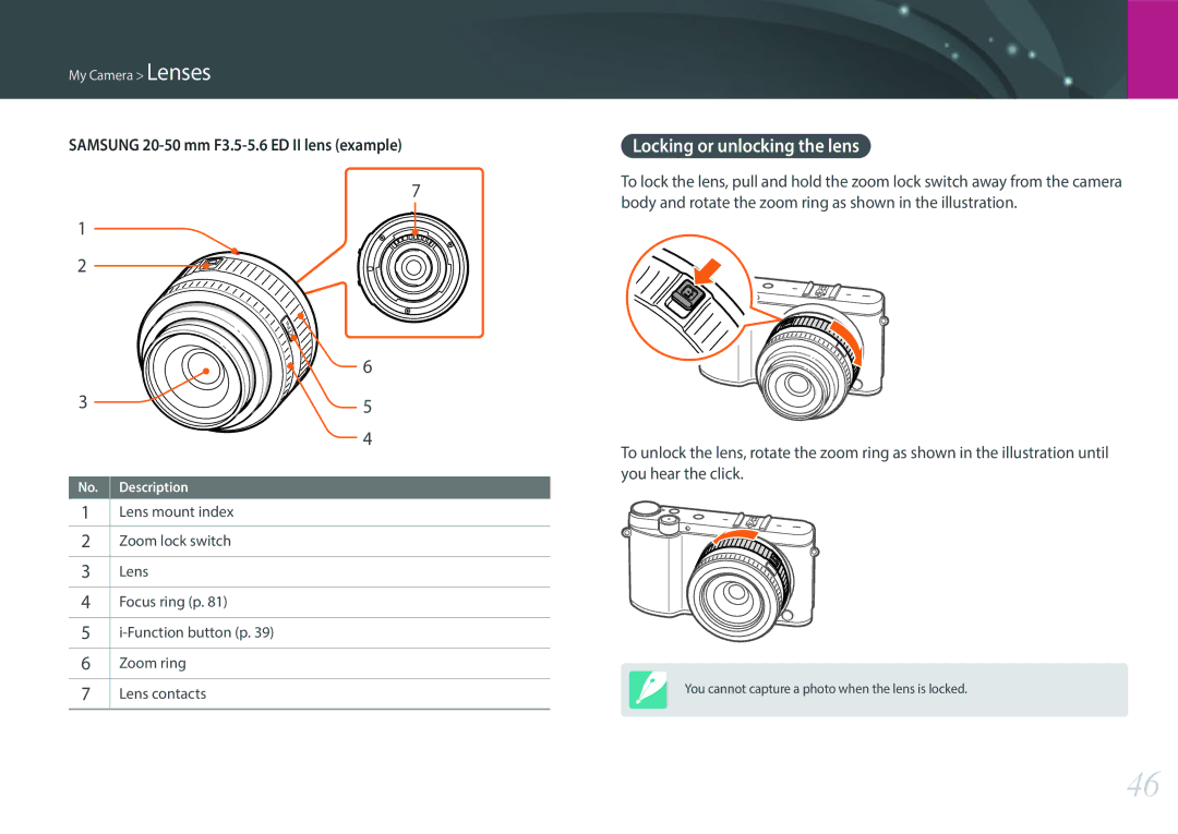 Samsung NX3000 user manual Locking or unlocking the lens, Samsung 20-50 mm F3.5-5.6 ED II lens example 