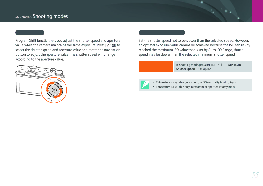 Samsung NX3000 user manual Program Shift, Minimum shutter speed 