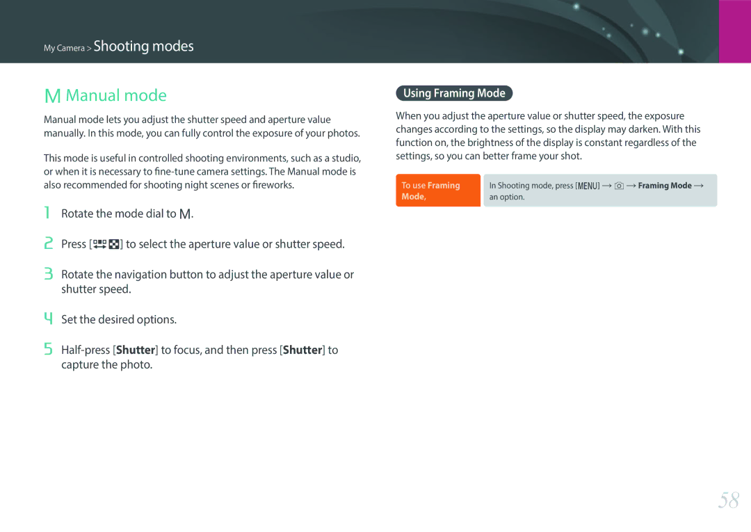 Samsung NX3000 user manual Manual mode, Using Framing Mode 